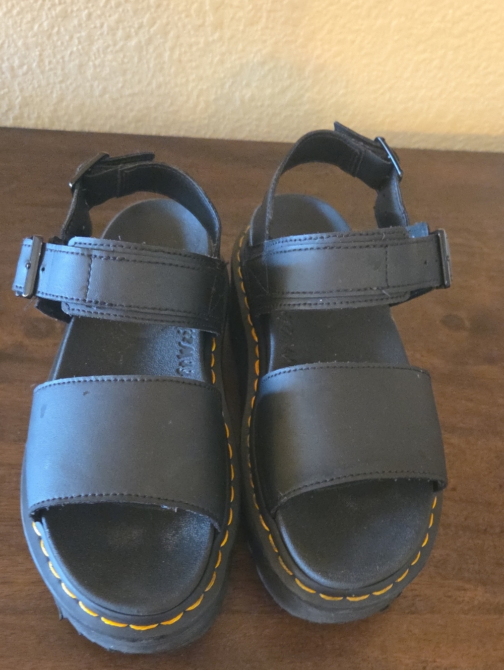 Dr. Marten's Black Platform Sandals with Yellow Stitch Detail